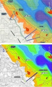 写真上／昨年６月の第２回環境監視委で沖縄防衛局が配布した図面。写真下／同局が３月９日に「2014年６月20日」の同資料として公表した図面。仮設桟橋・岸壁計３本が１本に変更されている。（提供／沖縄タイムス社）