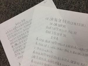 抗議のハンストが続く牛久収容所（茨城県牛久市）の収容者が法務大臣などに宛てた「上申書」（部分）コピー。（撮影／片岡伸行）