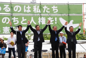 左から岡田克也（民進）、志位和夫（共産）、吉田忠智（社民）、小沢一郎（生活）の各氏。（撮影／林克明）